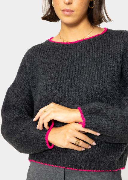 Flauschiger Pullover mit pink Blenden - dunkelgrau
