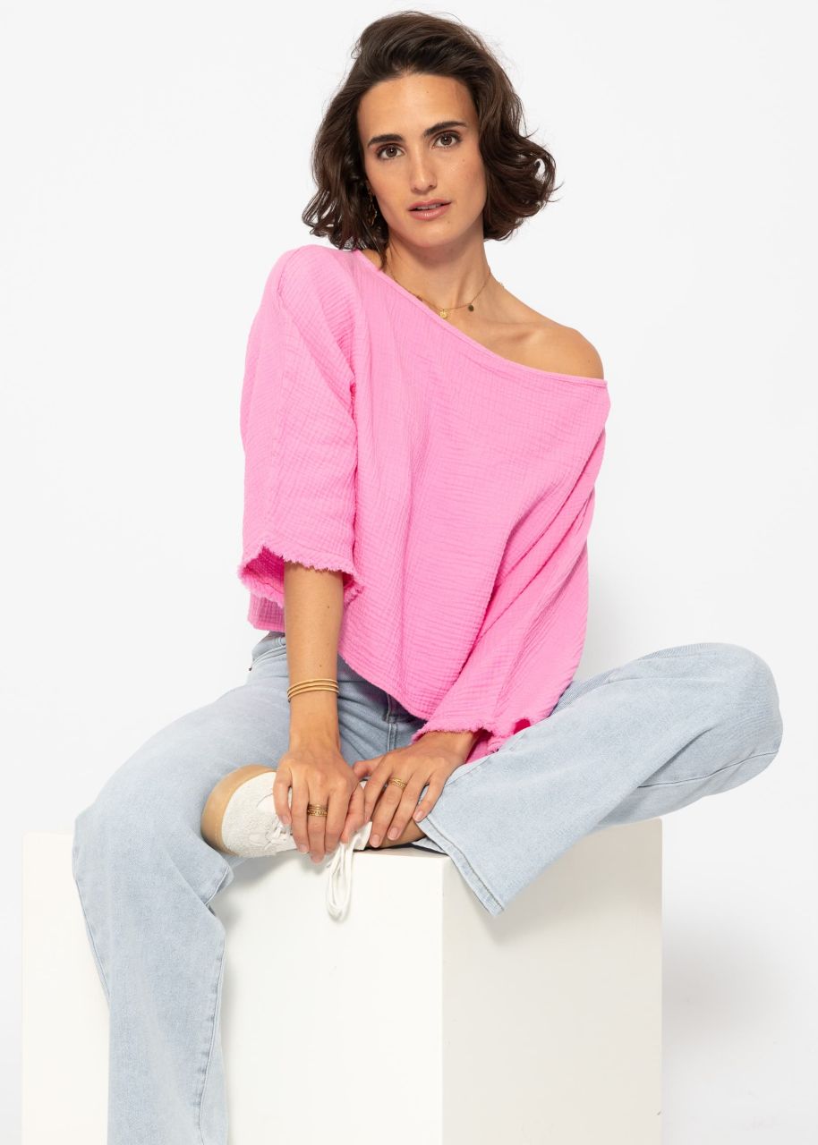 Musselin Shirt mit ausgefranstem Ärmelabschluss - pink