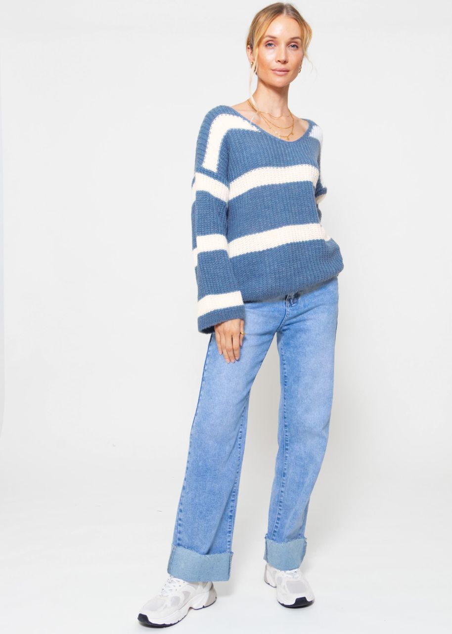 Pullover mit Streifen und V-Ausschnitt - jeansblau-weiß