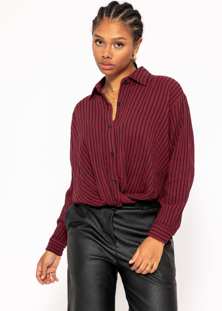 Gestreifte Musselin Bluse mit Knoten - burgundy-schwarz