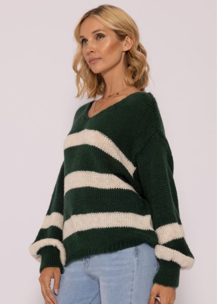 Pullover mit offwhite Streifen, dunkelgrün