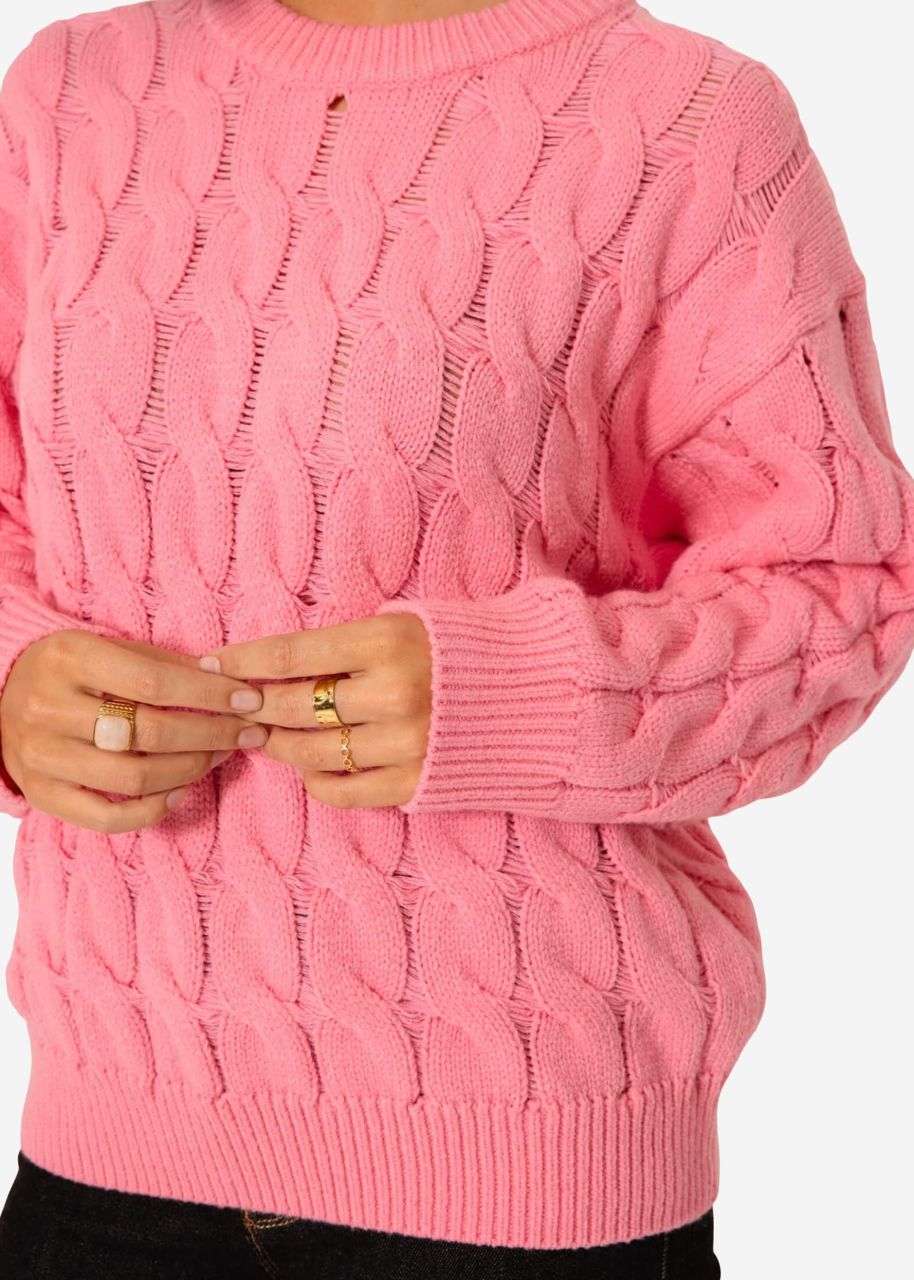 Strickpullover mit Zopfmuster - rosa