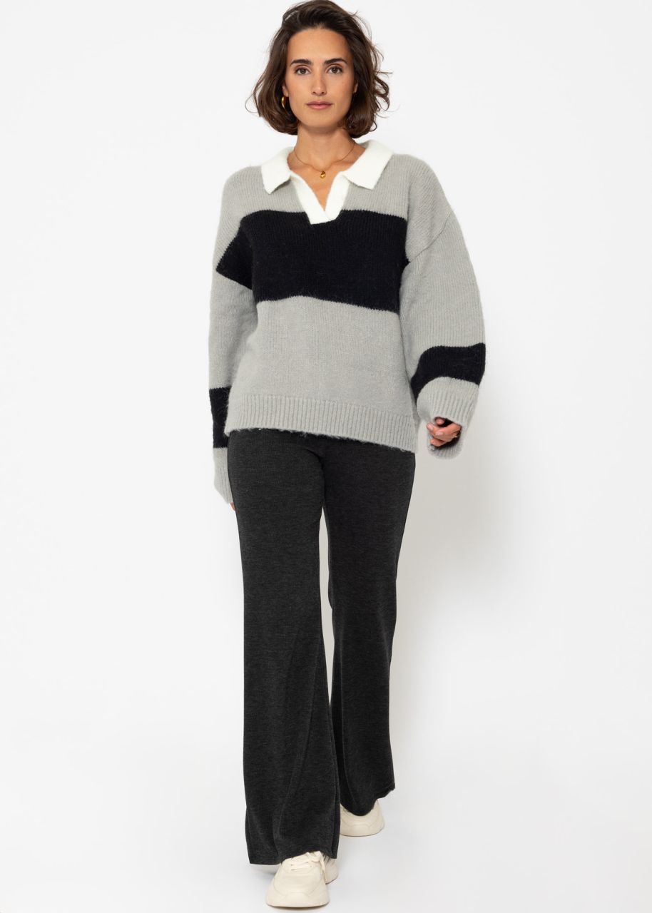 Oversize Pullover mit Kragen - grau-schwarz