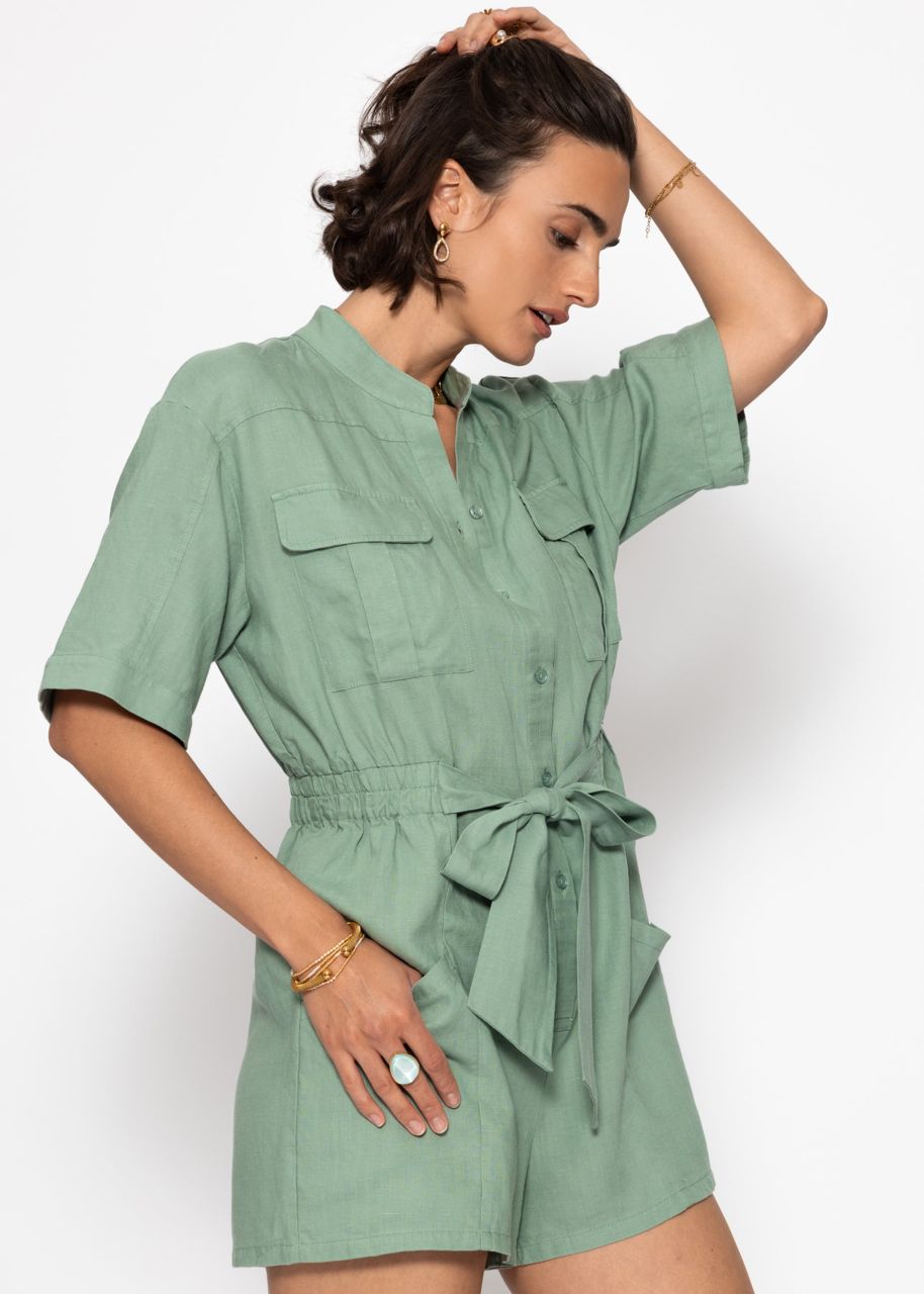 Leinenjumpsuit mit Bindegürtel - salbeigrün