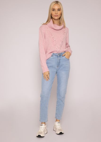 Rollkragenpullover mit Fransen, rosa
