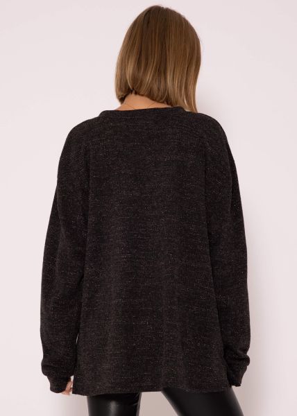 Lurex-Sweater mit tiefem V-Ausschnitt, dunkelgrau