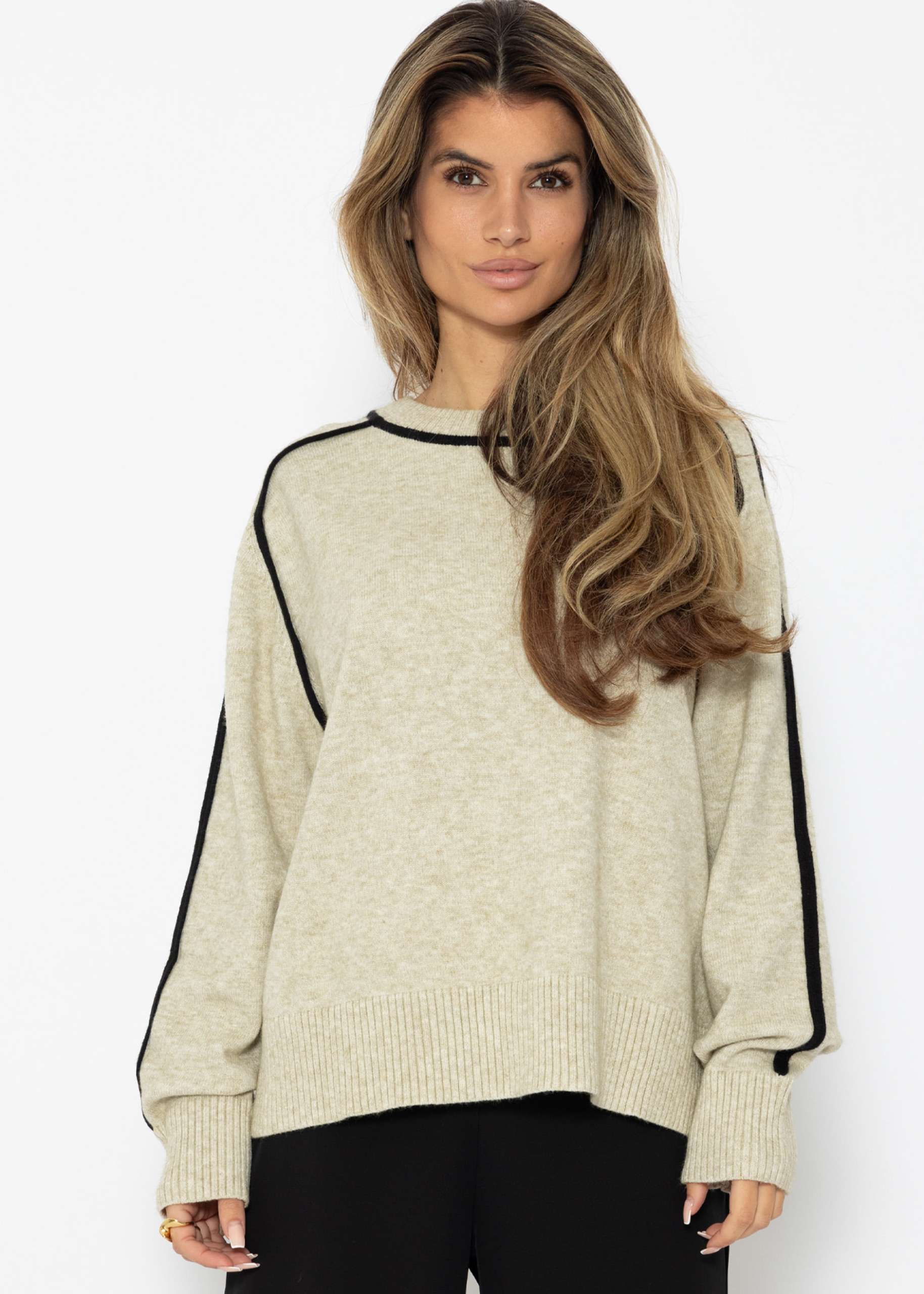 Pullover mit Zierblenden - beige-schwarz