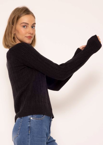 Raglanpullover mit Zopfmuster - schwarz