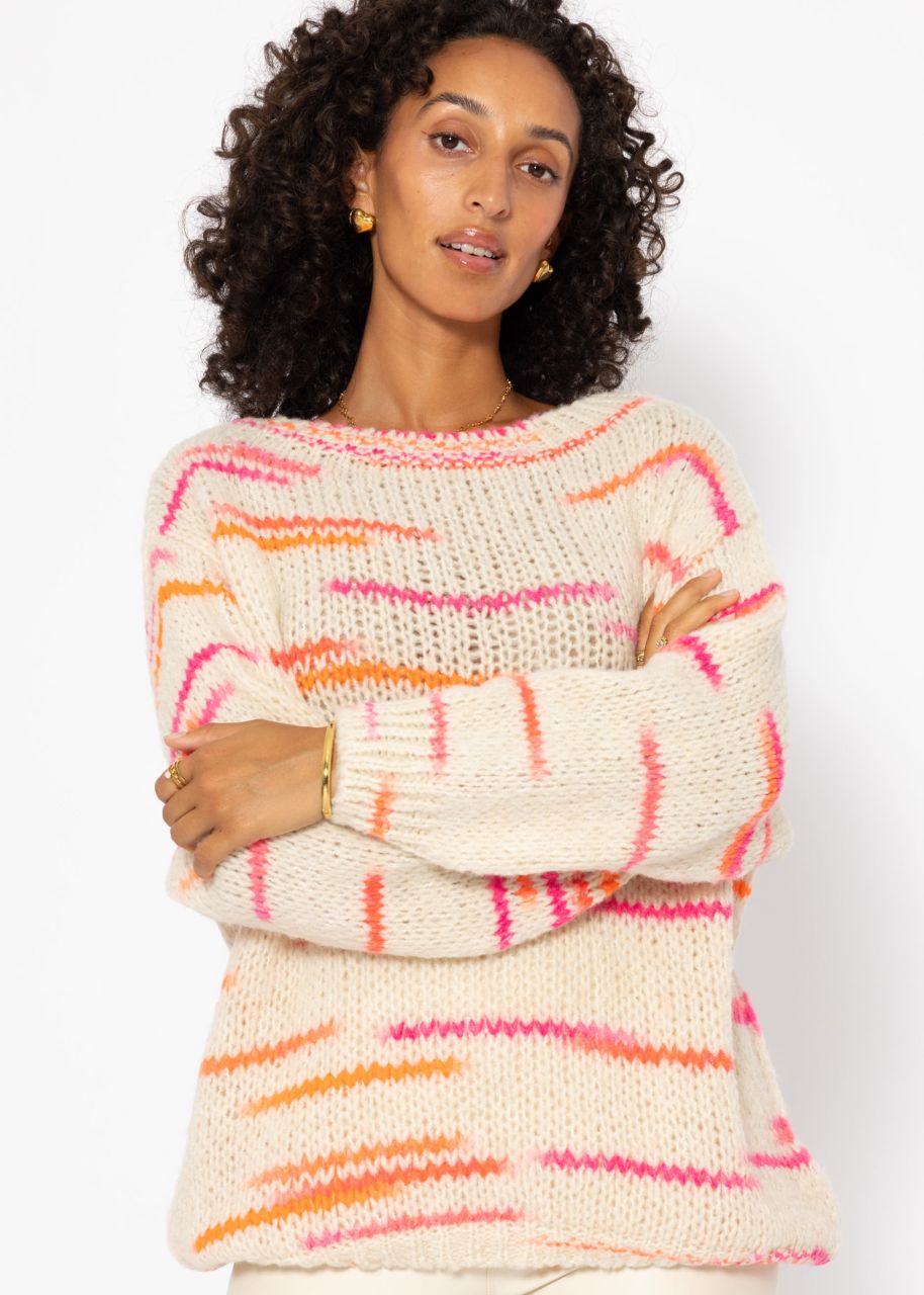 Oversize Pullover mit orange und pink Streifen - beige