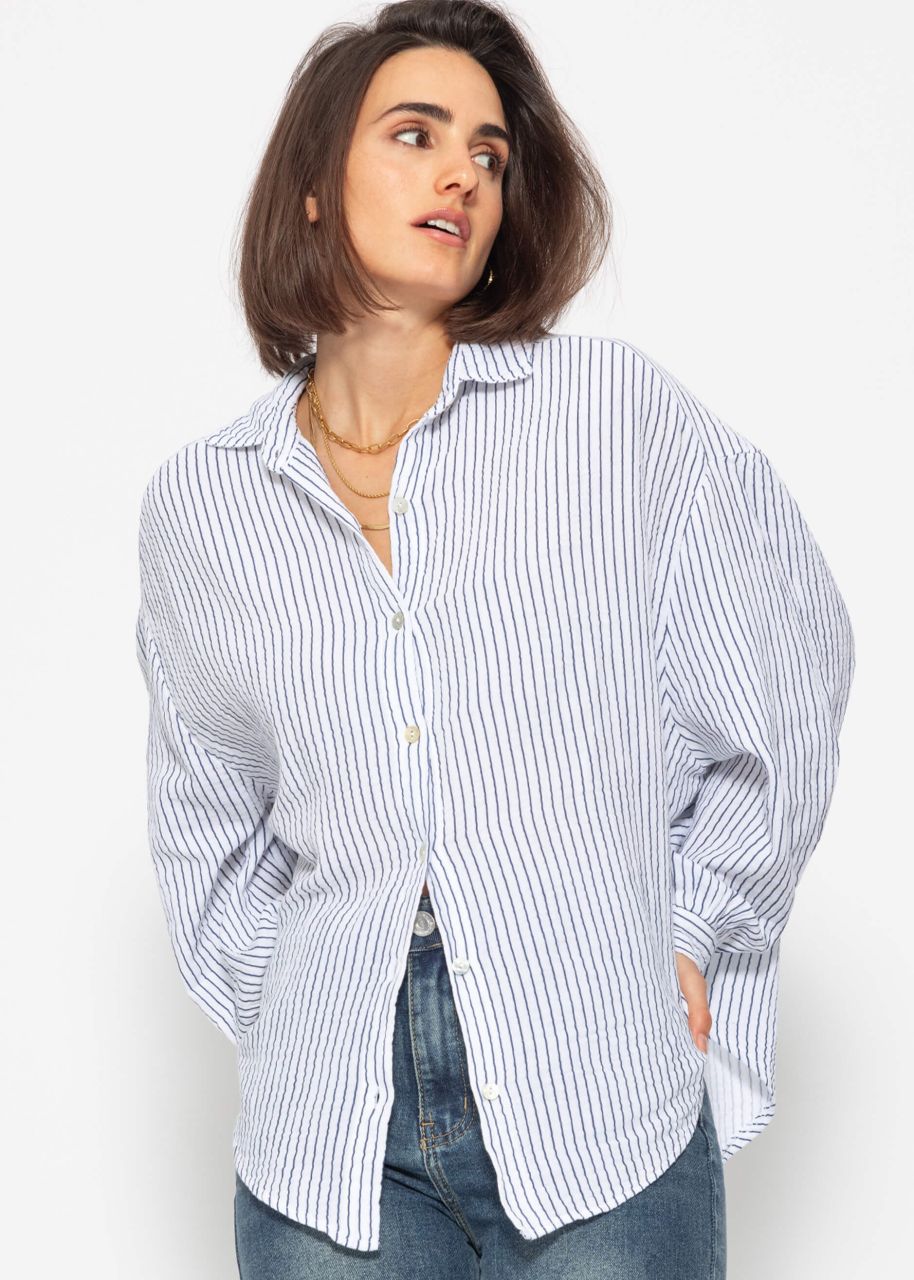 Gestreifte Musselin Bluse oversize - blau-weiß