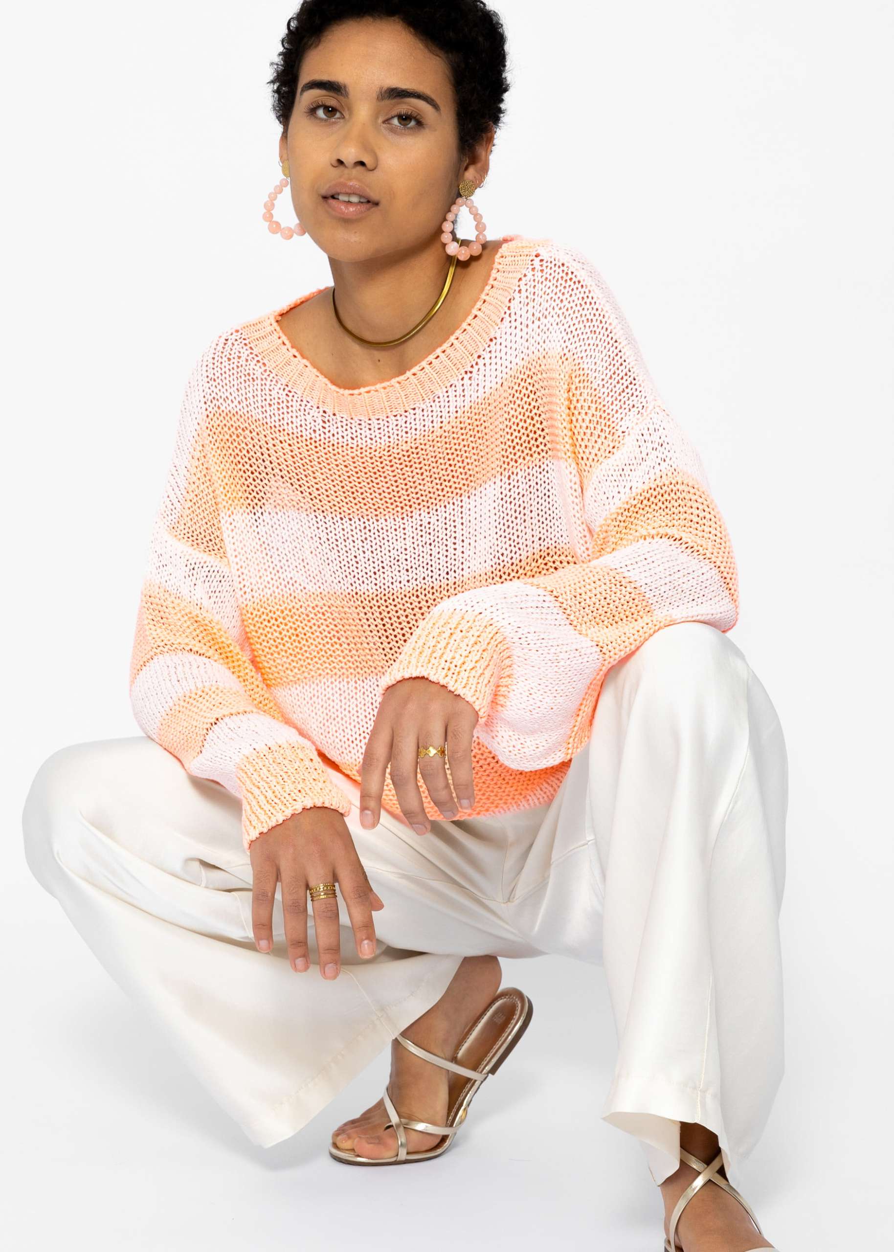 Gestreifter Baumwoll Pullover - peach-offwhite