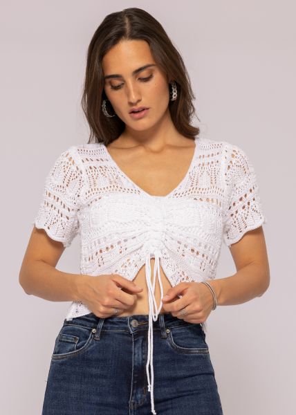 Crochet-Shirt mit Raffung, weiß