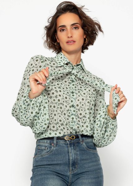 Elegante Schluppenbluse mit Ballonärmeln und floralem Print - grün