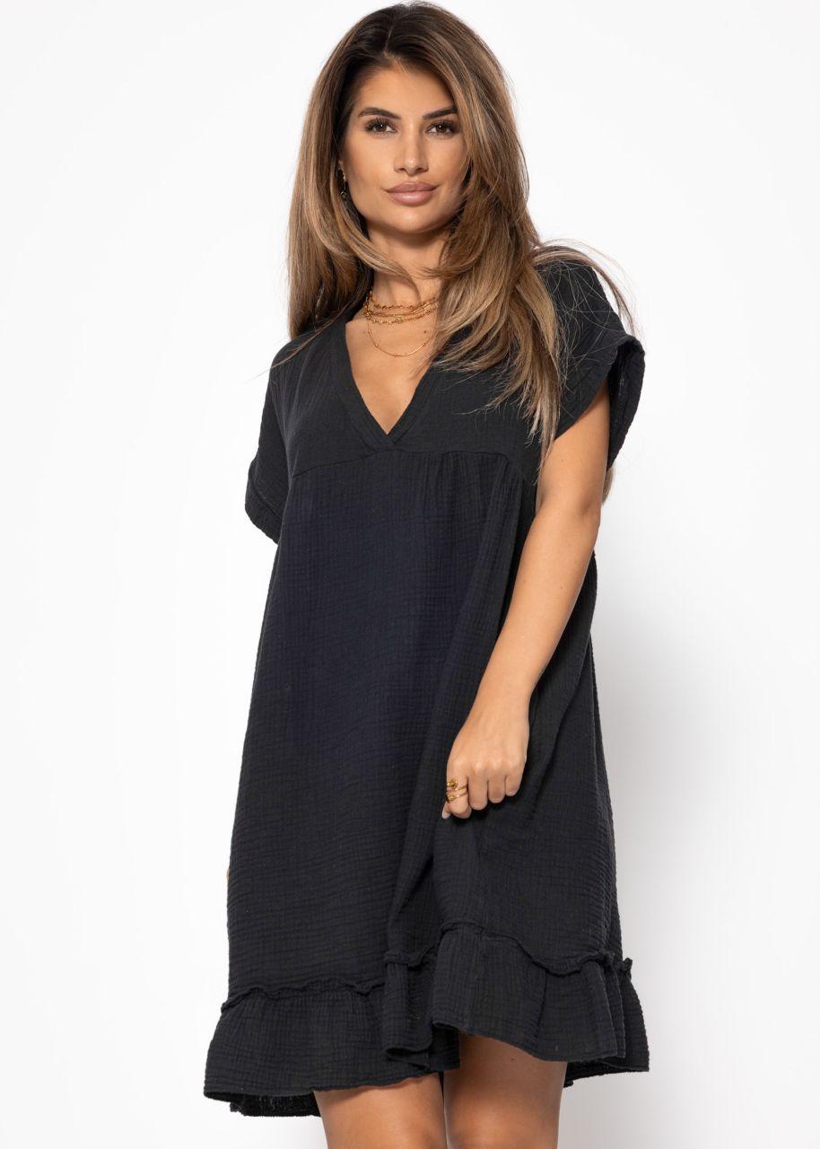 Musselin Kleid mit V-Ausschnitt - schwarz