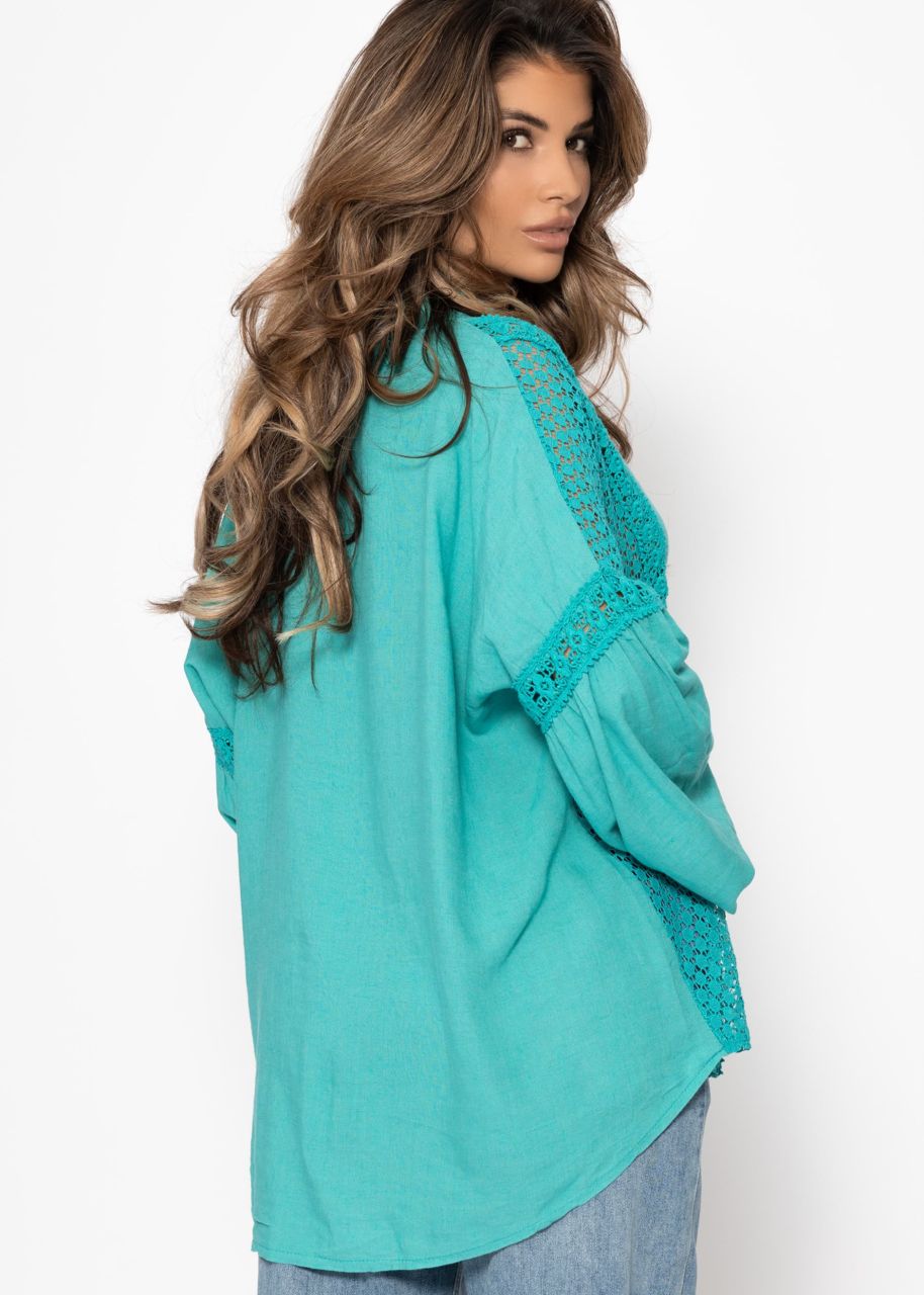 Leinen Bluse mit Spitze - türkis