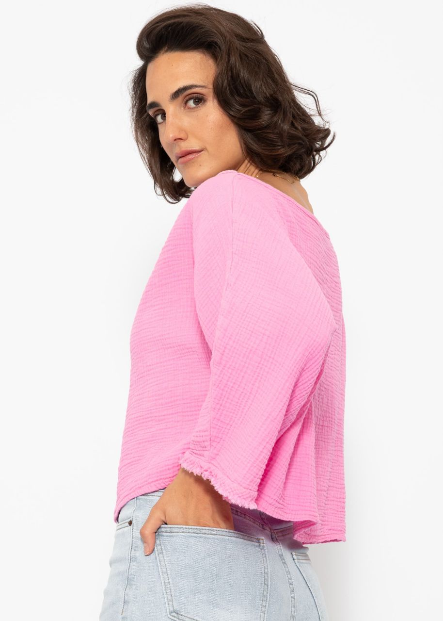 Musselin Shirt mit ausgefranstem Ärmelabschluss - pink