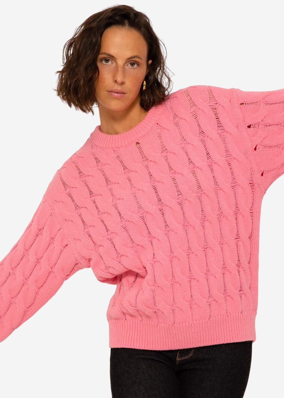 Strickpullover mit Zopfmuster - rosa