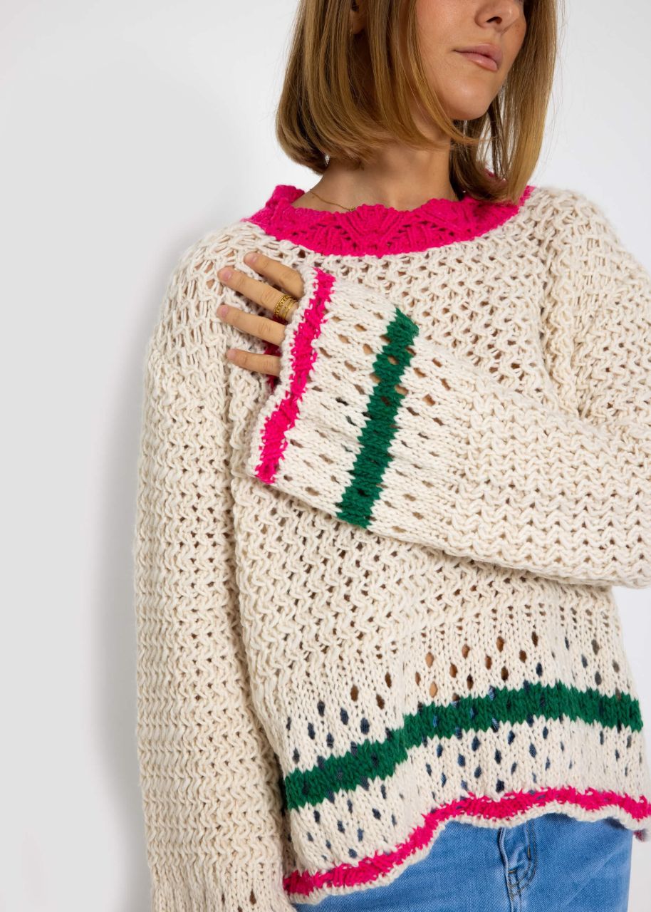 Grobgestrickter Pullover mit farbigen Details - offwhite