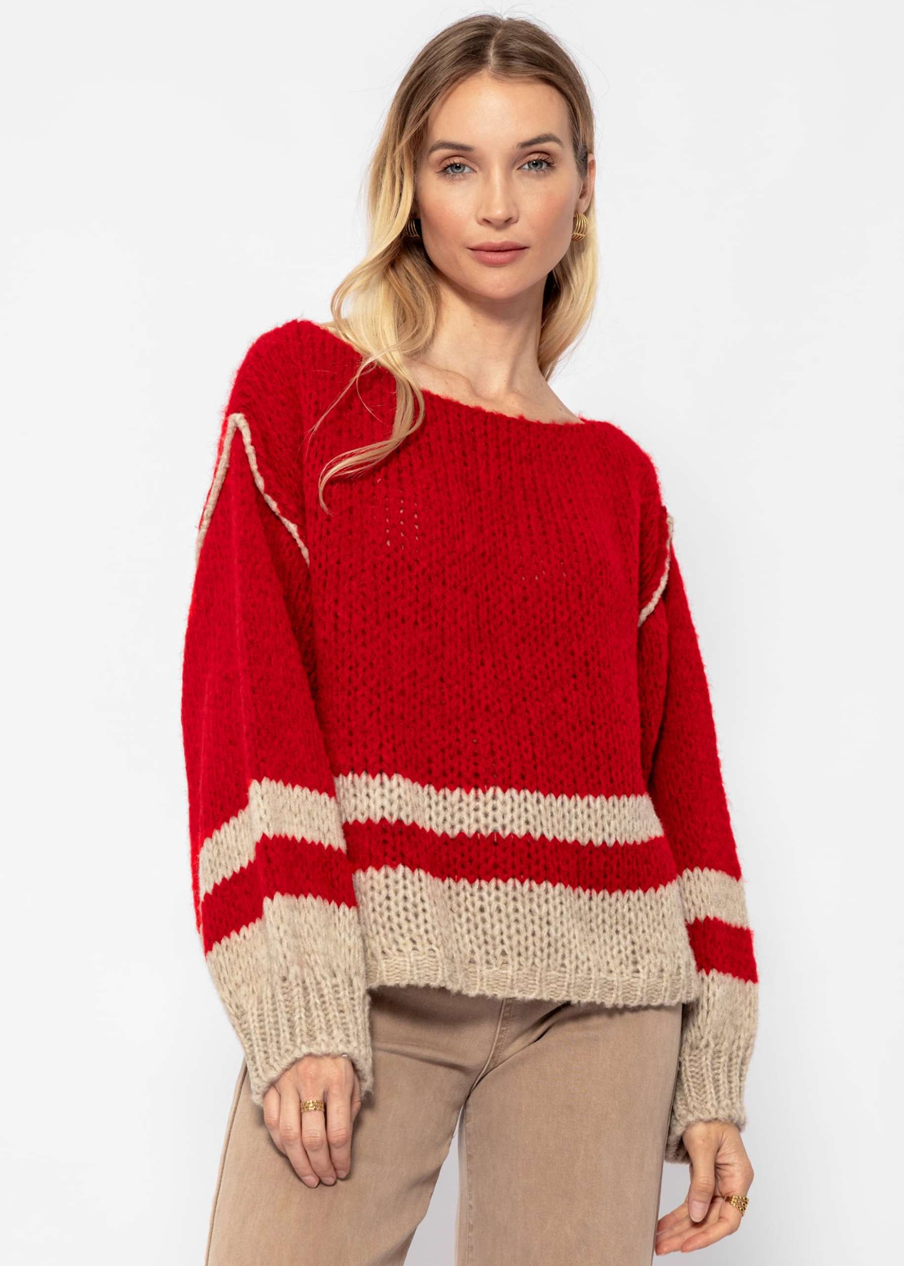 Pullover mit gestreiftem Saumende - rot-beige