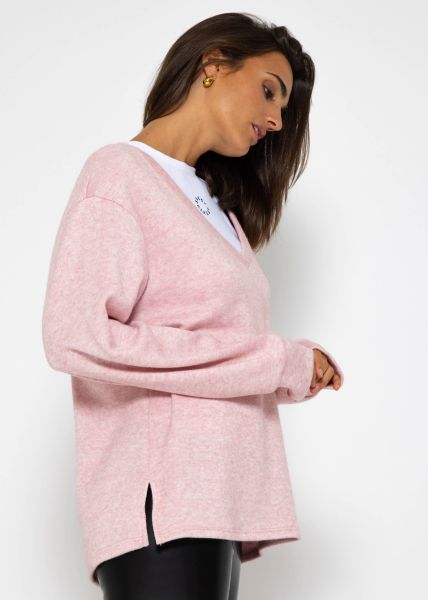 Oversize soft Sweater mit tiefem V-Ausschnitt- rosa