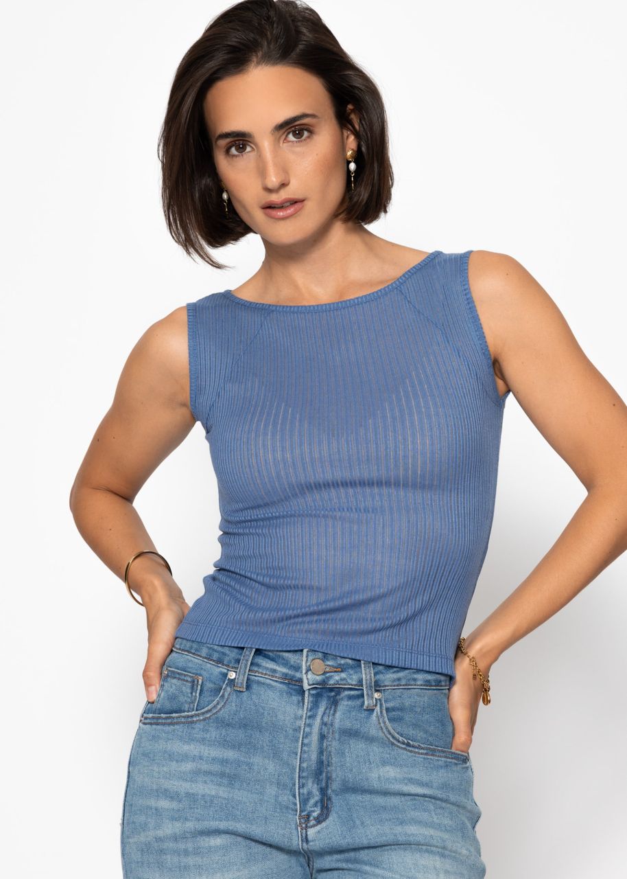 Leicht transparentes Top mit Rippstruktur - jeansblau