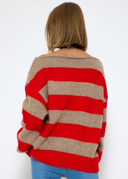 Pullover mit Blockstreifen - rot-taupe