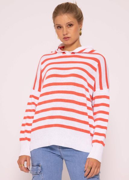 Gestreifter Pullover mit Kapuze, koralle/weiß