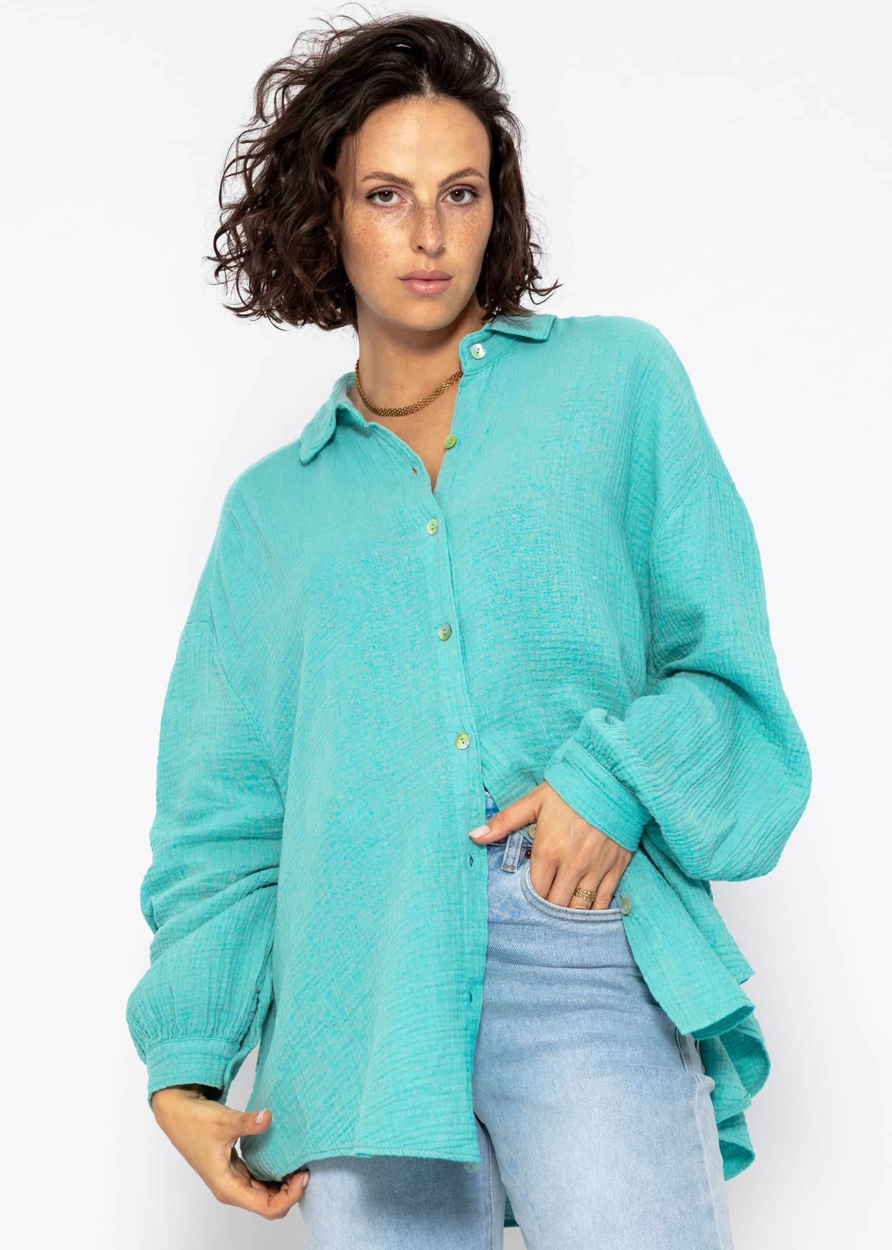 Musselin Bluse oversize, kurz, türkis