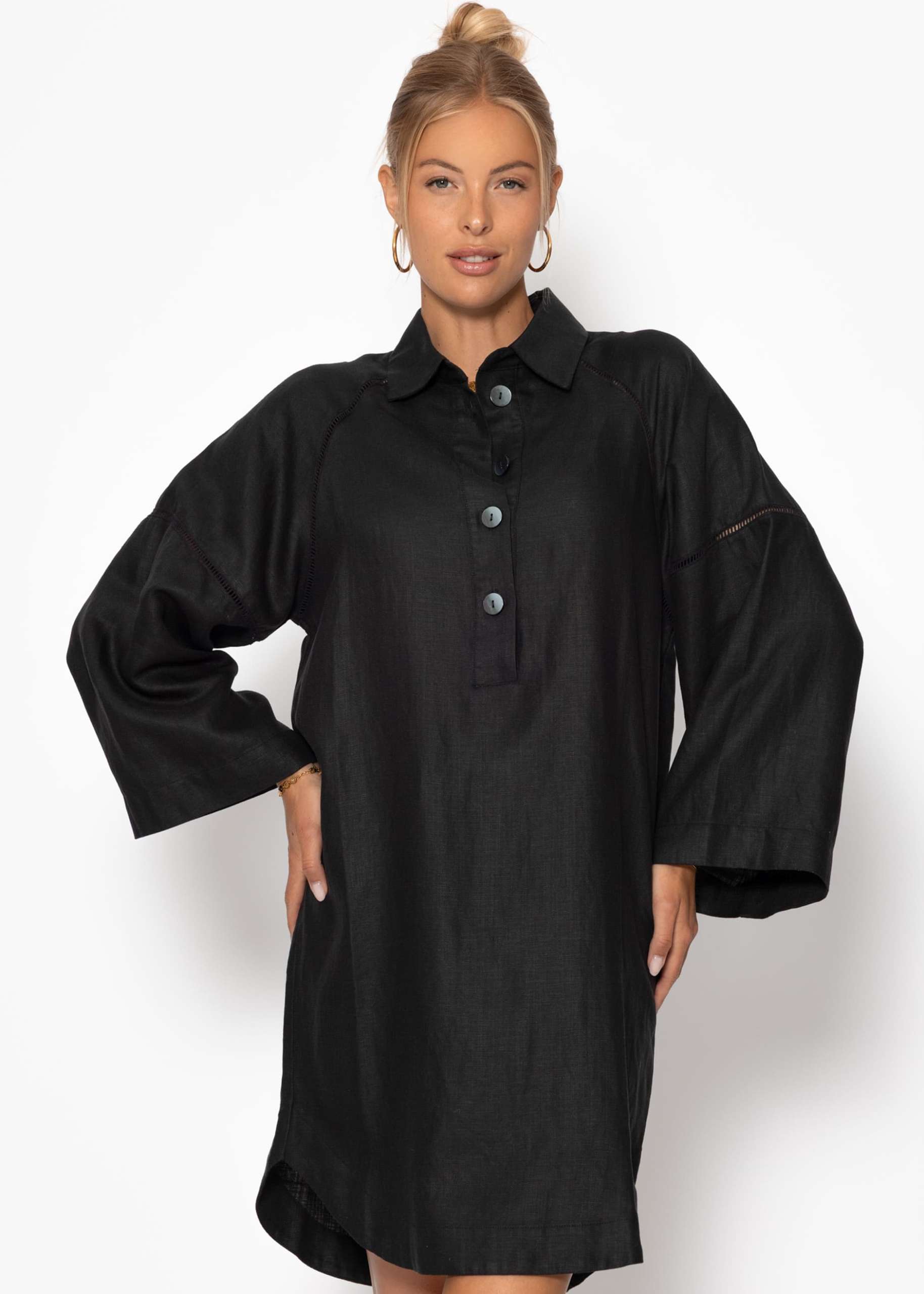 Leinen Kleid mit Knopfleiste - schwarz