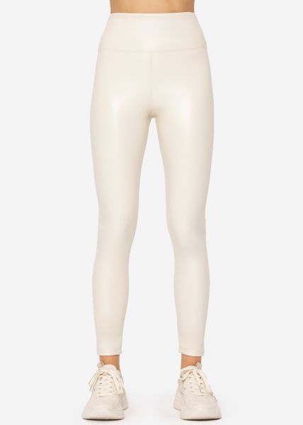 High-Rise Thermo Lederleggings mit breitem Bund - offwhite