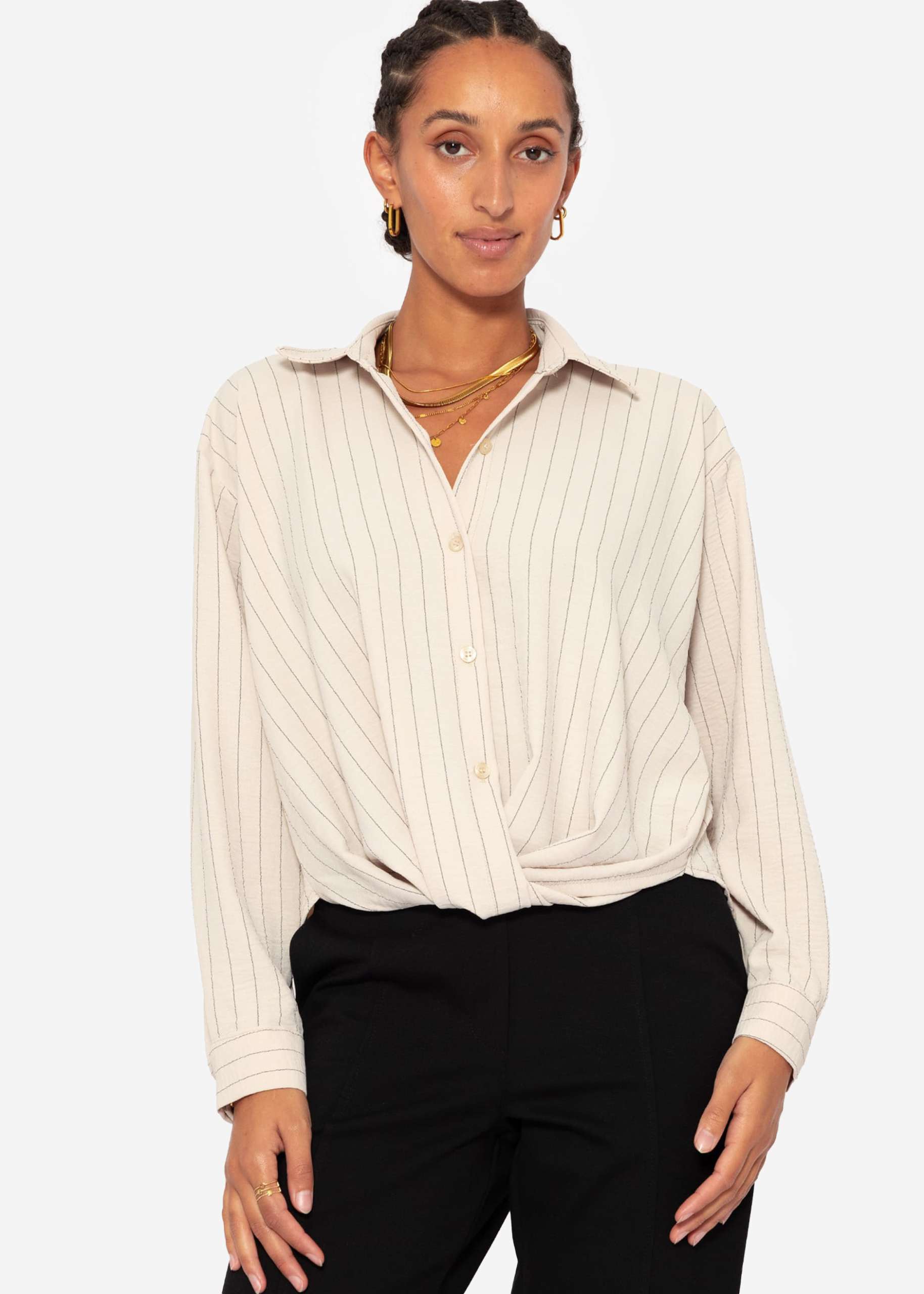 Gestreifte Bluse mit Knoten - beige