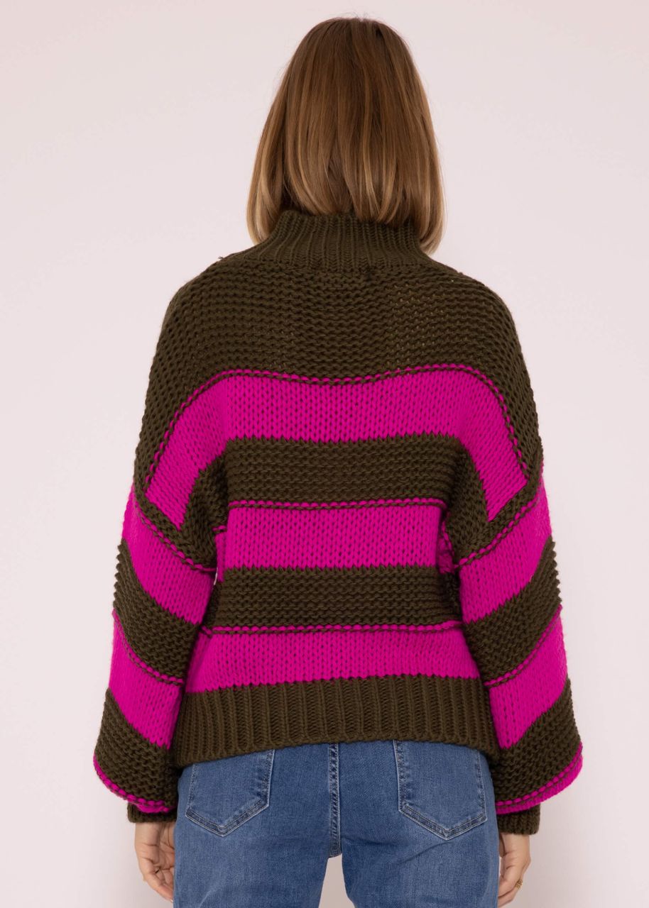 Rollkragenpullover mit Streifen, khaki-pink