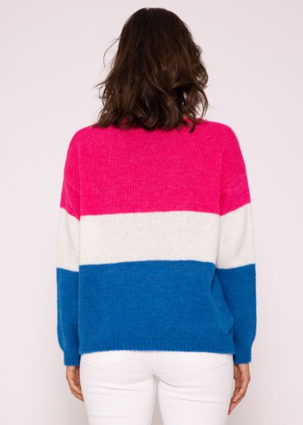 Streifen-Pullover mit V-Ausschnitt, pink/weiß/blau