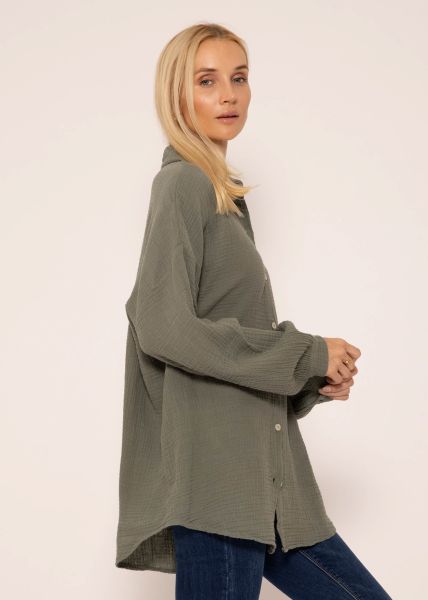 Musselin Bluse mit abgerundetem Saum, khaki