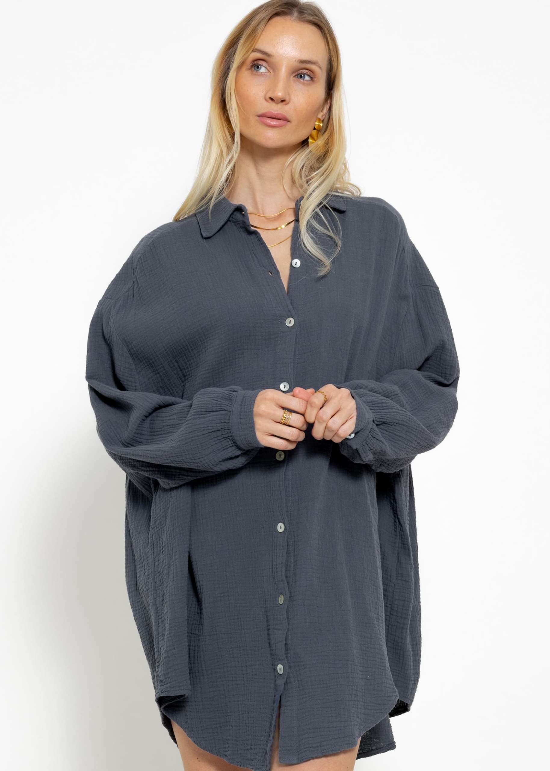 Musselin Bluse oversize, dunkelgrau