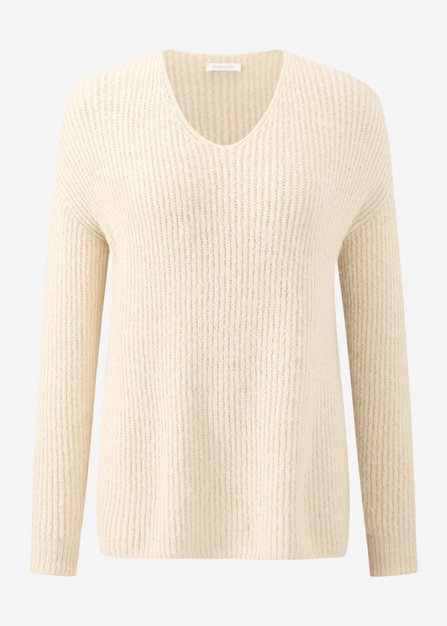 Gerippter Pullover mit V-Ausschnitt - beige