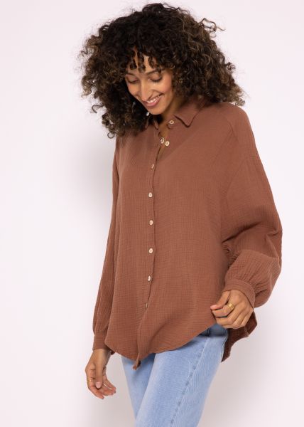 Musselin Bluse oversize, kurz, cafelatte