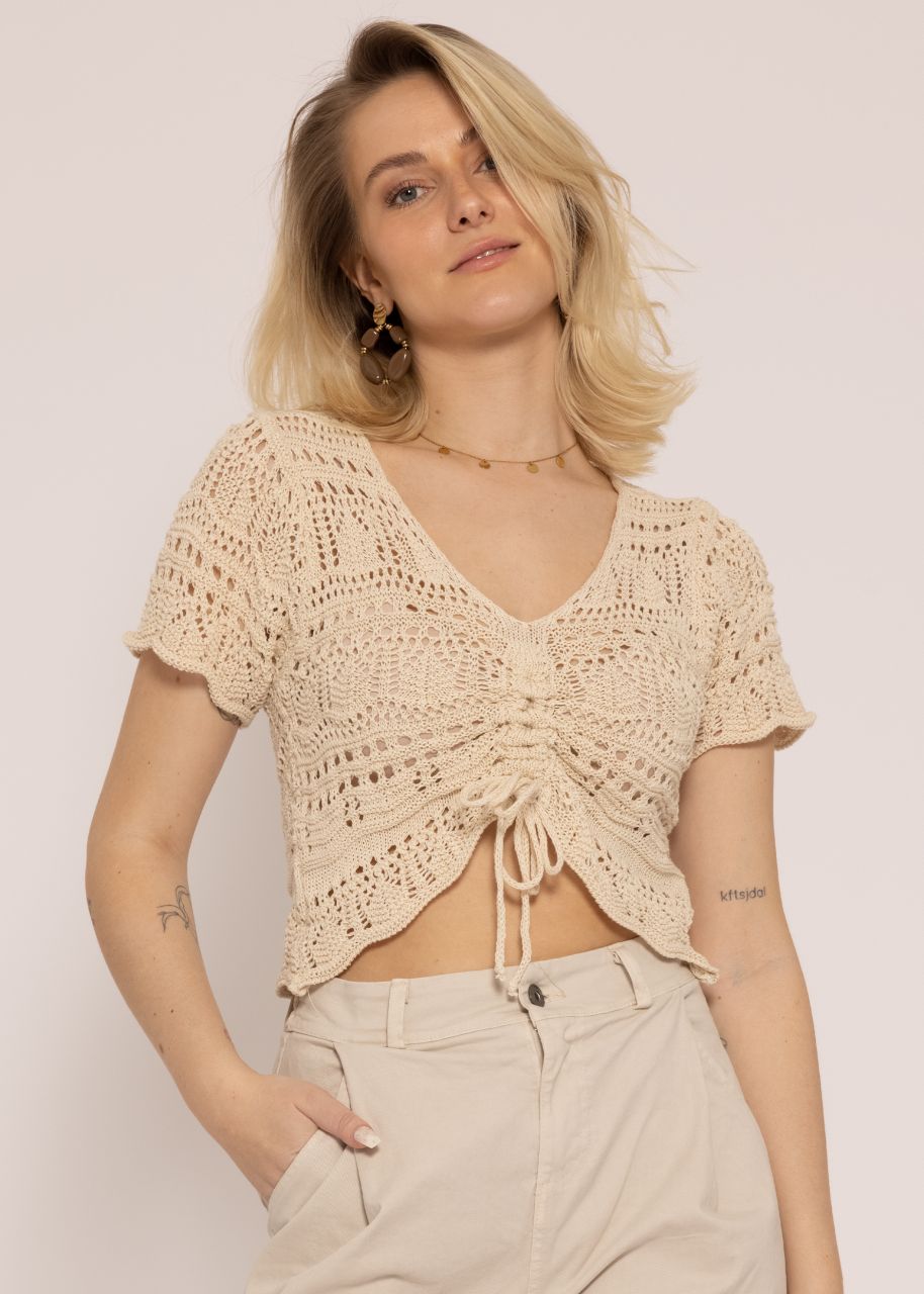 Crochet-Shirt mit Raffung, beige