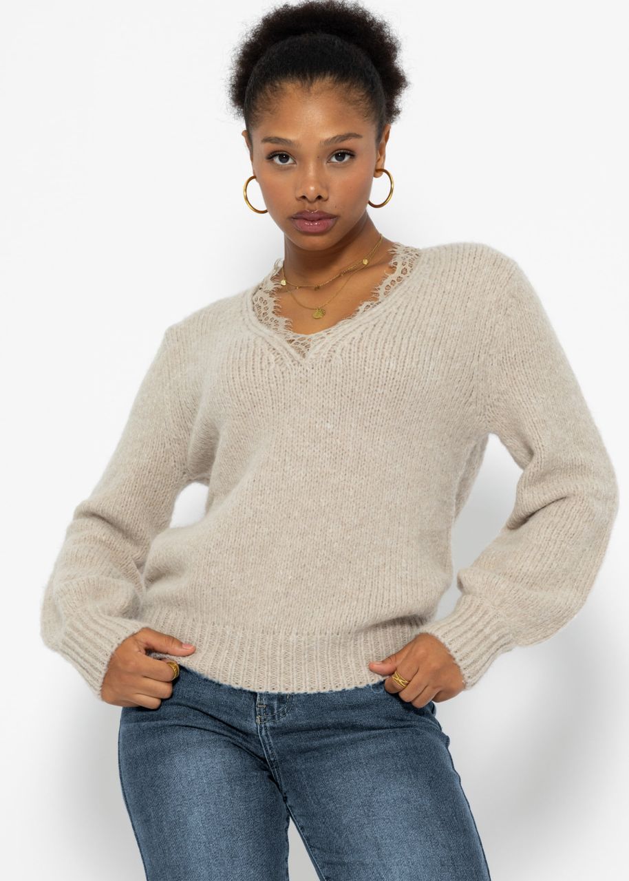 Pullover mit Spitzen-Ausschnitt - beige