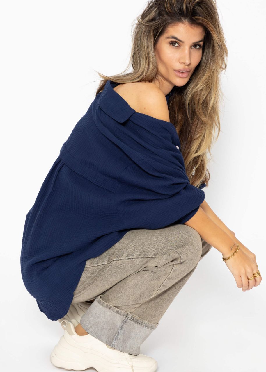 Musselin Bluse oversize, kurz, dunkelblau