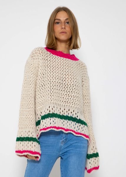 Grobgestrickter Pullover mit farbigen Details - offwhite