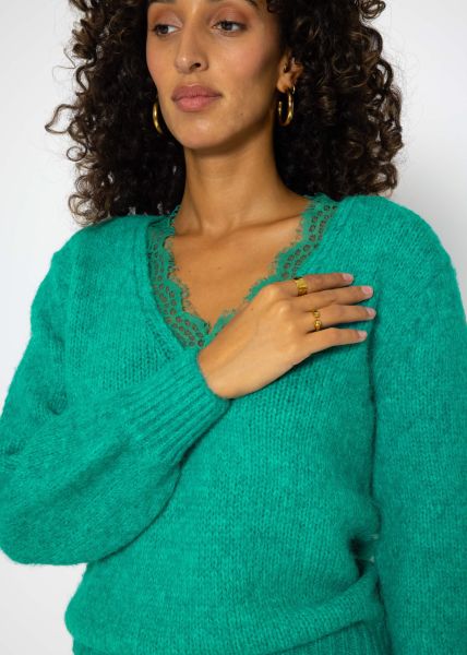 Pullover mit Spitzen-Ausschnitt - grün
