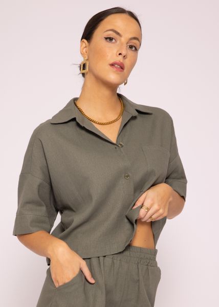 Crop Leinen Blusen Jacke, khaki
