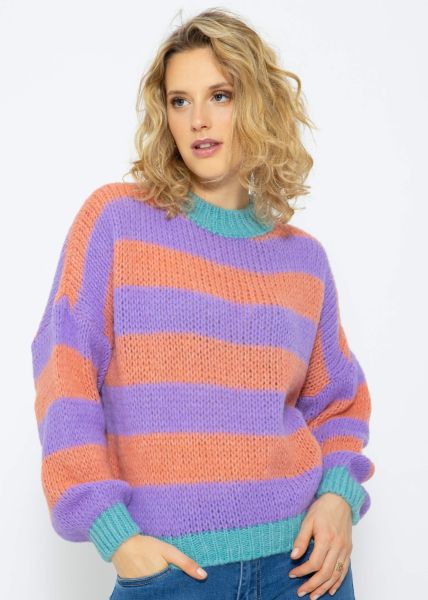 Gestreifter Pullover mit farbigen Blenden - orange-lila