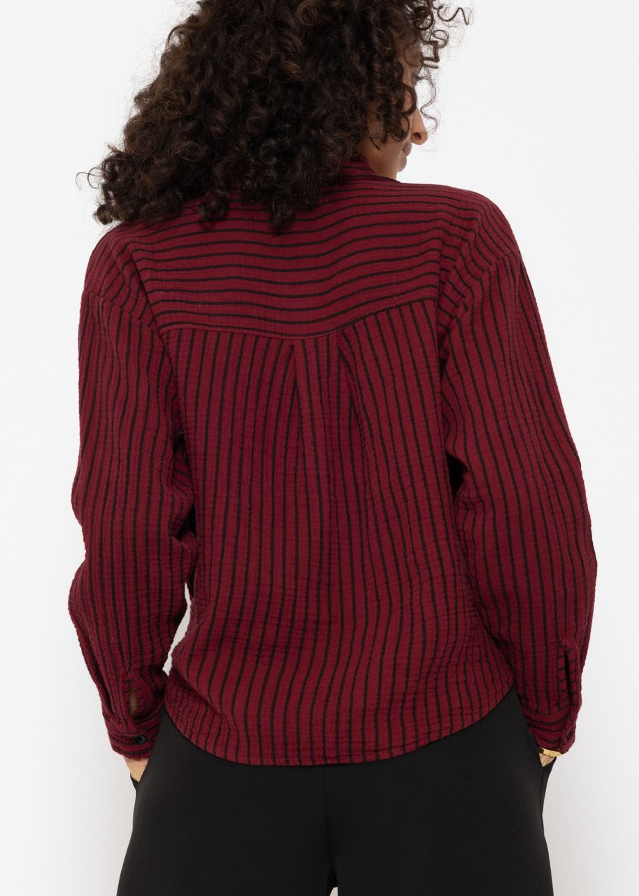 Gestreifte Musselin Bluse mit Knoten - burgundy-schwarz