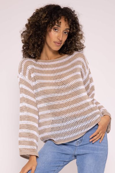 Streifen Crochet Pullover, beige-weiß