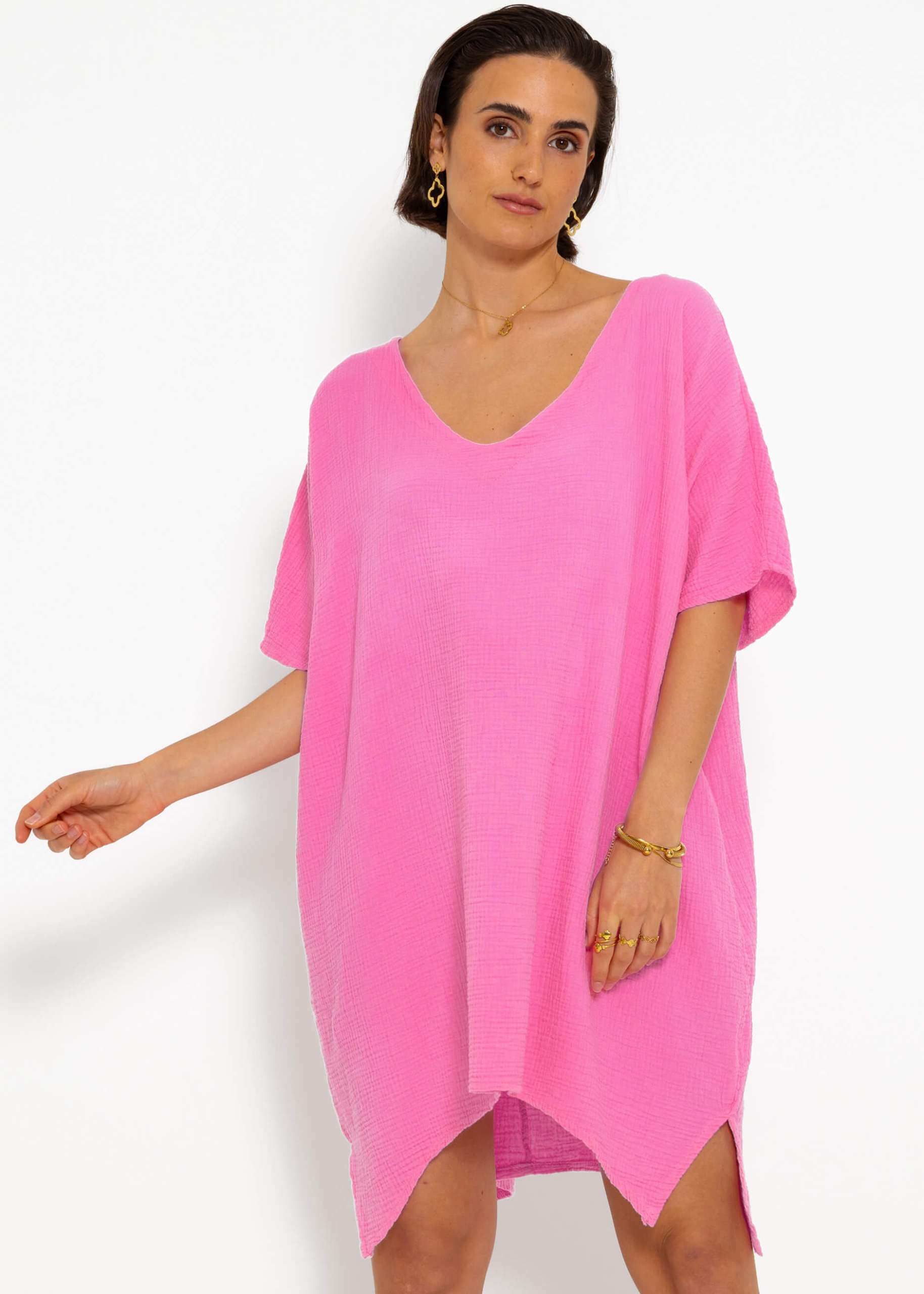 Musselin Tunika mit V-Ausschnitt - pink