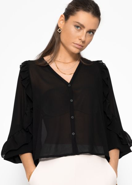 Chiffon Bluse mit Volants - schwarz