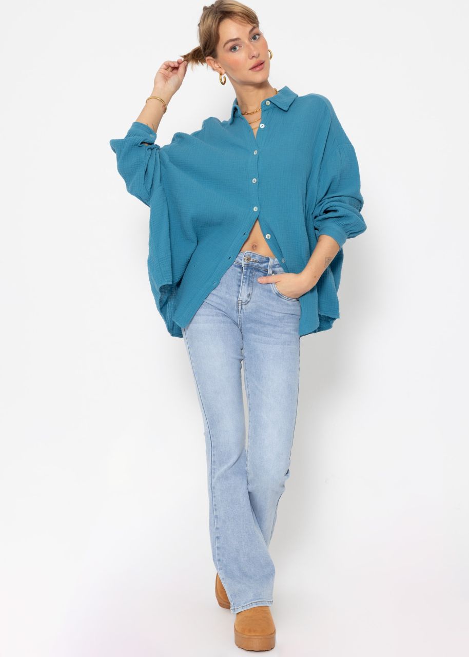 Musselin Bluse oversize, kurz, petrolblau