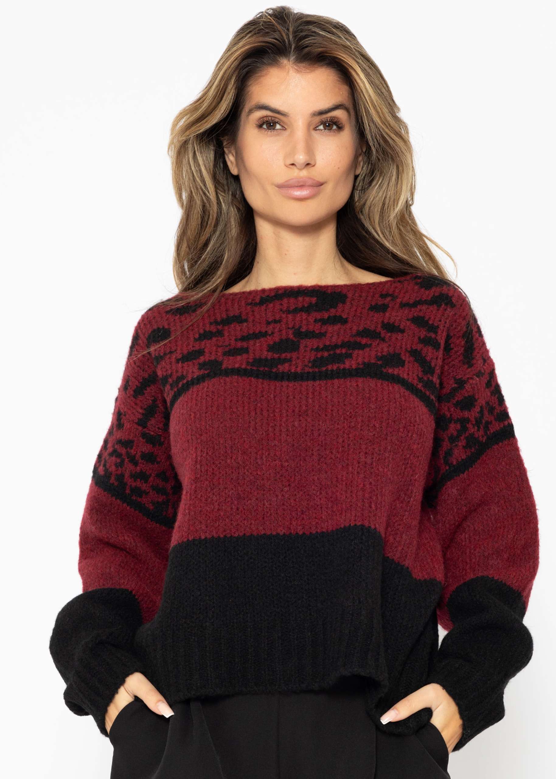 Oversize Pullover mit Leo-Print - burgundy-schwarz